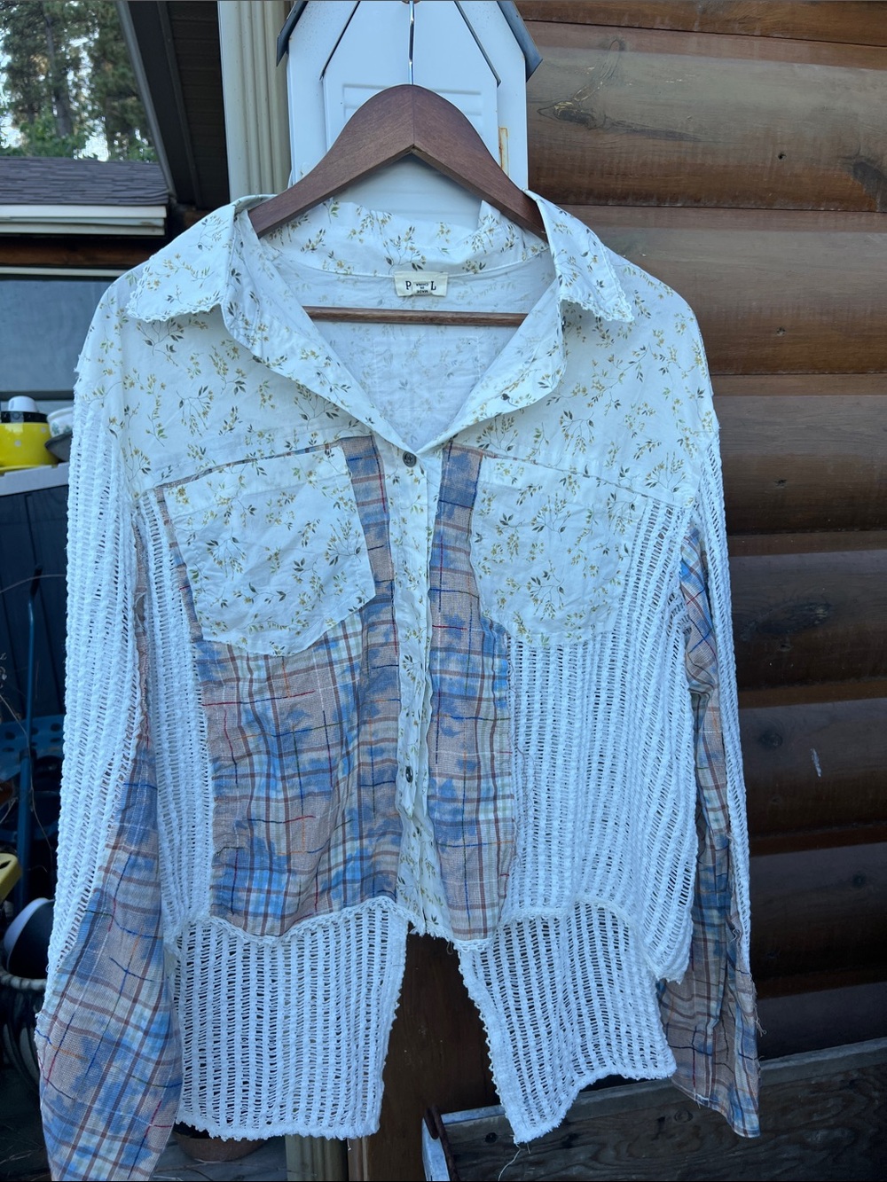 Pol Boho Patchwork Button-Front Women's Top - Cream & Blue Plaid